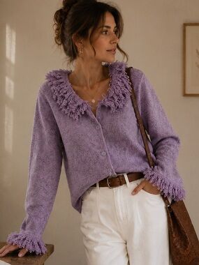 JH Collectibles 100% Wool Lavender Floral Fringe Cardigan Sweater L